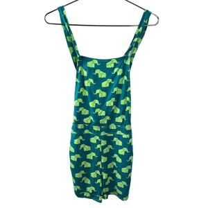 Global Desi Dungarees Teal Neon Green Elephants Side Buttons 1 Piece Overalls XS